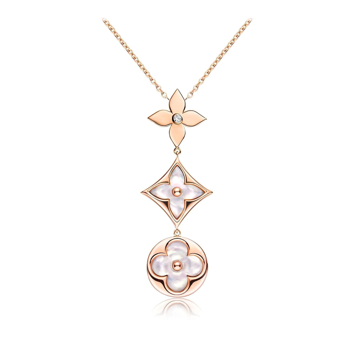 [Renovia Jewelry]COLOR BLOSSOM LARIAT NECKLACE PINK GOLD WHITE MOTHER PEARL AND DIAMOND